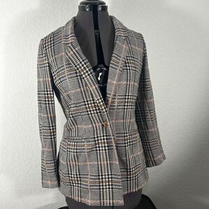 Old Navy Plaid Blazer Womens XS Black White Tan Knit Single Button Jacket Career
